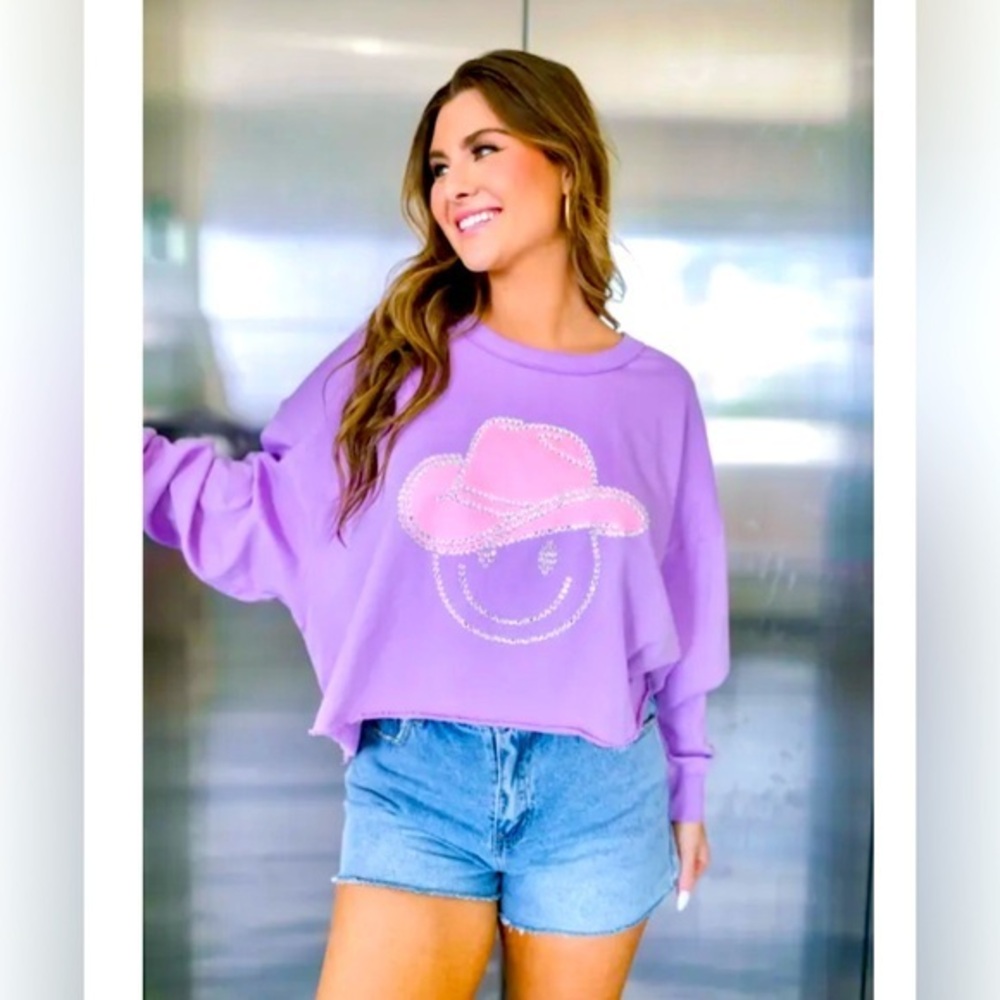 Peach Love California Rhinestone Cowboy Smiley Face Oversize Crop‎ Top Women’s M